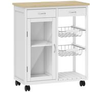 Carrello da Cucina 67x35x80 cm con 2 Cassetti Armadietto Ripiano e 2 Cestini in Acciaio e Bambù Bianco