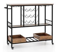 Carrello da cucina a 3 ripiani con ruote in metallo per 9 bottiglie, 2 vassoi per bevande, perfetto per sala da pranzo e soggiorno, finitura marrone.