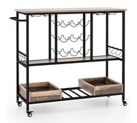 Carrello da cucina a 3 ripiani con ruote in metallo per 9 bottiglie di vino e 2 vassoi per bevande, ideale per sala da pranzo e soggiorno, colore marrone, soluzione di archiviazione elegante e