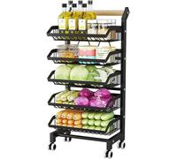 Carrello Da Cucina a 5 Ripiani Con Ruote, Cestino Portafrutta E Verdura, Ripiano Portafrutta Regolabile Con Manici in Legno, Ripiano Portaoggetti in Metallo,Black