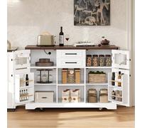 Carrello da cucina a isola da 139,4 cm, con anta ribaltabile e presa di corrente, mobile con 4 ante, pannelli in vetro e design a croce per sala da pranzo e postazione di lavoro in cucina