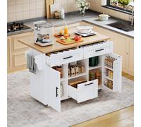 Carrello da cucina bianco con ruote e vassoio pieghevole, carrello da portata portatile con cassetti e portasciugamani, scaffale per spezie e utensili da cucina, 120 x 46 x 90 cm, MDF, stile