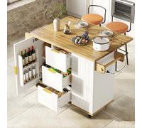 Carrello da cucina con 2 sgabelli da bar, mobile con collegamento elettrico, effetto legno bianco