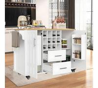 Carrello Da Cucina Con Piano in Legno Da 140 Cm, Tavolo a Isola per Cucina Con Mobiletto E Ribaltina, Tavolo Da Cucina Con Mobiletto per Vino, Portasciugamani E Cassetto, Isole Mobili Su Ruote