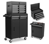 Carrello da cucina con ruote, cassettiera portautensili staccabile, ruote, ganci, maniglia laterale, metallo con serratura (nero+grigio)