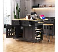 Carrello da cucina grande da 122 cm con foglia a goccia, presa di corrente, stoccaggio interno, 5 ruote girevoli e scaffali aperti, mobili da cucina versatili per una maggiore conservazione e comodità