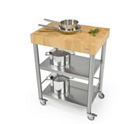 Carrello da cucina in acciaio inox due piani senza cassetti dimensioni 70x50x h 95 cm peso 41 kg con tagliere carpino bianco listellare cromo