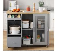 Carrello da cucina in legno con tavolo pieghevole bianco buffet con 2 cassetti e armadietto aperto con ruote girevoli a 360°, ideale per soggiorno, cucina, bar (grigio)
