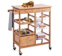 Carrello da Cucina in Legno di bambù con Ripiano Tagliere 2 Cassetti Portaposate Portastrofinacci Portabottiglie 3 Ceste Portafrutta Metallo e 4 Ruote Girevoli Carrello da Portata Portavivande Tieni t