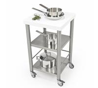 Carrello da cucina in pietra acrilica bianca e top da lavoro pietra acrilica bianca, dimensioni 50x50x h 90 cm peso 20 kg portata massima 75 kg