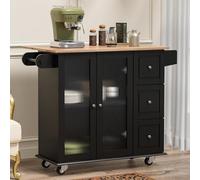 Carrello da cucina Isola da cucina mobile con piano in legno e bancone per la colazione Carrello da cucina con ruote, portasciugamani e ripiano ribaltabile, larghezza 45"