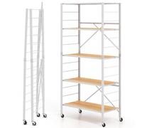 Carrello da cucina mobile con ruote, ripiani pieghevoli, struttura in metallo, regolabile, con dispositivo anti-ribaltamento, per cucina e soggiorno (finitura bianca e naturale)