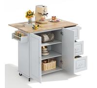 Carrello da cucina mobile pieghevole in legno massello di quercia allungabile, portasciugamani laterale, a due ante, regolabile, a tre cassetti, guide silenziose (grigio)