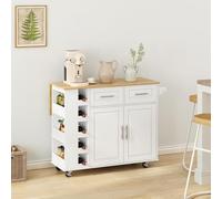 Carrello da cucina multifunzione con portabottiglie per vino, portaspezie, porta asciugamani, armadio a 2 ante e cassetti, piano pieghevole in legno di gomma, ideale per riporre oggetti da cucina e