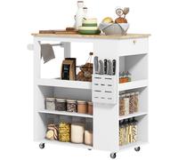 Carrello da Cucina Piano in Legno Isola Multiuso con Portaspezie e Portasciugamani 86,5x47x88 cm in Legno Bianco