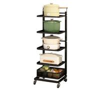 Carrello da cucina pieghevole a 4 ripiani, in metallo, con ruote, colore nero, con 5 ripiani e 1 cestino, ideale per pentole e utensili da cucina