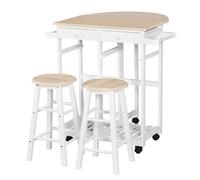 Carrello da Cucina Pieghevole con 2 Sgabelli in Legno MDF Bianco