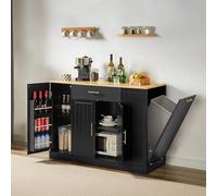 Carrello da cucina portatile da 134,6 cm, con cestino ribaltabile, cestino della spazzatura da 10 litri, piano in legno, portaspezie e cassetti, elegante cucina nera