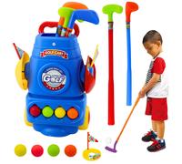 Carrello da golf con 3 mazze, 2 bandierine e 4 palline.