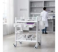 Carrello da laboratorio a 2 livelli, 2 ripiani, 2 cassetti e 4 ruote silenziose, carrello medico mobile in materiale PP, carrello da laboratorio con 3 contenitori per rifiuti per laboratorio, clinica,