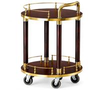 Carrello da portata rotondo a 2 ripiani, in metallo e legno, ruote bloccabili, 78 cm | Quattro ruote girevoli a 360°, tra cui due ruote bloccabili, oltre a ripiani aperti per bevande, stoviglie e display.
