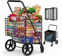 Carrello della spesa con capacità di 204 kg, enorme carrello della spesa su ruote, carrello della spesa pieghevole resistente con doppio cestino e ruote girevoli a 360° per generi alimentari e