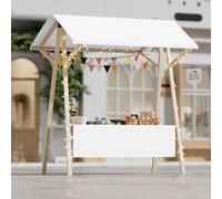 Carrello di cibo da strada in legno su ruote, bancarella pieghevole per mercati agricoli e mostre artigianali, espositore leggero per mercati all'aperto, design floreale bianco (150 x 60 x 200 cm)