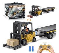 Carrello elevatore telecomandato giocattolo 1:24 con rimorchio, nebbia, luci e rumori, modalità gru, 2 batterie ricaricabili USB - camion telecomando per bambini dai 3 anni, regalo interessante