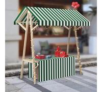 Carrello in legno per cibo da strada con ruote, baldacchino e bandiera decorativa per il mercato degli agricoltori e la vendita di fiori