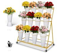Carrello mobile a 3 livelli con 12 cesti, espositore per fiori in metallo multistrato su ruote, perfetto per bouquet di piante, fioristi, eventi e vetrine, design a secchiello bianco