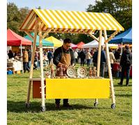 Carrello Mobile, Bancarella da Mercato Pieghevole in Legno con Tettuccio a Strisce, Stand Pieghevole per Mercati Contadini, Sagre, Feste e Piccole Imprese(Yellow,120cm)