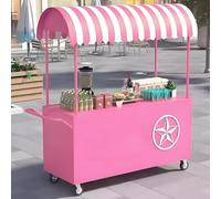 Carrello mobile del venditore di alimenti, bancarella di mercato all'aperto portatile con baldacchino a strisce e ruote, ideale per carrelli alimentari e concessioni