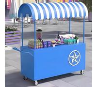 Carrello mobile del venditore di alimenti, bancarella di mercato all'aperto portatile con baldacchino a strisce e ruote, ideale per carrelli alimentari e concessioni