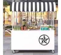 Carrello mobile del venditore di alimenti, bancarella di mercato all'aperto portatile con baldacchino a strisce e ruote, ideale per carrelli alimentari e concessioni