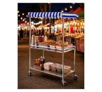 Carrello mobile per bancarelle del mercato, cabina alimentare pieghevole a 2 livelli con tettoia e ruote, carrello pieghevole resistente per mercati agricoli, espositore portatile per dessert