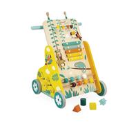 Janod - Carrello Multiattività Tropik - Primi Passi in Legno - Giocattolo Educativo 6 Attività - Ruote Silenziose e Bloccabili - Certificato FSC - Vernice ad Acqua - Da 1 Anno, J08269