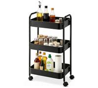 Carrello Multiuso in Metallo 3 Livelli con Ruote, acciaio Carbonio, Nero | Struttura Rettangolare Verticale, Fondi a Rete Ventilati, 4 Ganci Inclusi, Bagno Ufficio Salone Creativa(40,5 × 28 × 73 cm)
