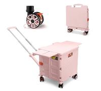 Carrello multiuso pieghevole su ruote, carrello salva-lavoro con coperchio scorrevole magnetico, maniglia telescopica 55L/176lbs, carrello spesa con ruote girevoli a 360°per viaggi, campeggio (rosa)