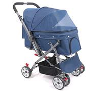 Carrello per animali domestici a 4 ruote Carrello per cani e gatti Carrello da viaggio Passeggino antiurto Direzione regolabile, pieghevole con un clic, installazione rapida (Blu)