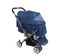 Carrello per animali domestici a 4 ruote Carrello per cani e gatti Carrello da viaggio Passeggino antiurto Direzione regolabile, pieghevole con un clic, installazione rapida (Blu)