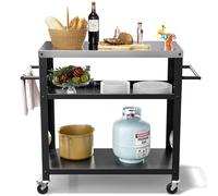 Carrello per barbecue da esterno con tre ripiani, in acciaio inox, tavolo da forno per pizza per esterni, carrello da cucina con due maniglie laterali, carrello per la preparazione degli alimenti da