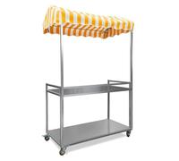 Carrello per distributore automatico da esterno con baldacchino a righe, cabina pieghevole per cibo con ruote bloccabili, supporto mobile per hot dog per eventi di mercato, mensola gialla 100 x 50 cm