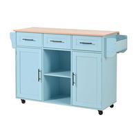 Carrello per isola da cucina pieghevole, con tre cassetti, ripiani regolabili, porta asciugamani, piedini intercambiabili, supporto in metallo (blu)