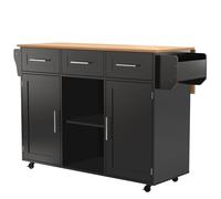 Carrello per isola da cucina pieghevole, con tre cassetti, ripiani regolabili, porta asciugamani, piedini intercambiabili, supporto in metallo (nero)