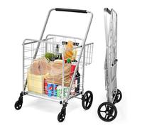 Carrello per la spesa pieghevole in metallo con 4 ruote e 2 cestini, carrello per la spesa per il lavaggio del bucato, cibo, attrezzi da campeggio