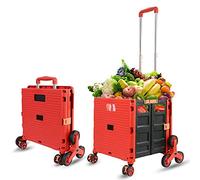 Carrello per la spesa pieghevole per scale, capacità 40 kg, maniglia regolabile in 3 posizioni, in lega di alluminio, ruote girevoli a 360°, con freni, colore: rosso