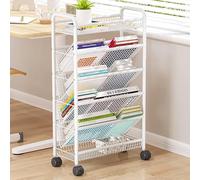 Carrello per libri a rotelle, carrello multiuso in metallo a 6 livelli, organizer per documenti con ruote, facile da montare, espositore compatto