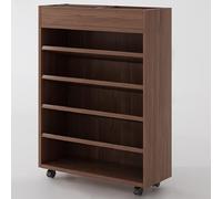 Carrello per libri con ruote, piccolo organizer in legno per soggiorno, camera da letto, ufficio, libreria corta mobile in legno di noce o noce naturale, 60 x 25 x 75 cm
