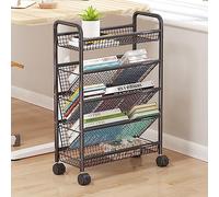 Carrello per libri mobile con ruote, organizer compatto per scrivania, ripiani in metallo, espositore angolare, perfetto per uso domestico e in biblioteca