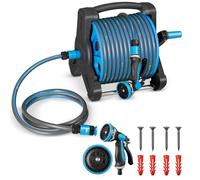 Carrello per tubo Juskys con tubo da 30 m e doccetta multifunzione - Avvolgitubo mobile con supporto da parete, ugello - Blu Grigio scuro